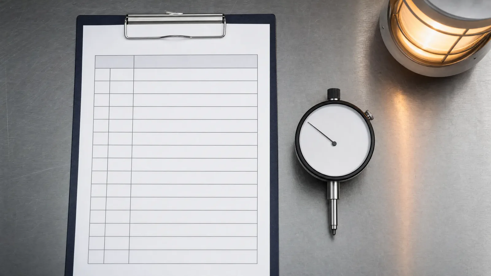 A blank quality checklist and a calibration gauge on a steel desk, in warm side light.