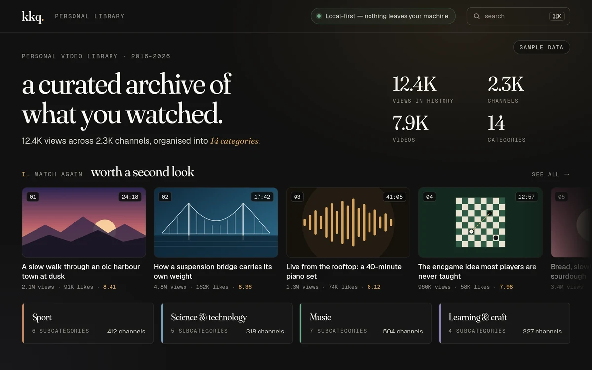 YouTube Curadoria: the library home screen, recreated with sample data